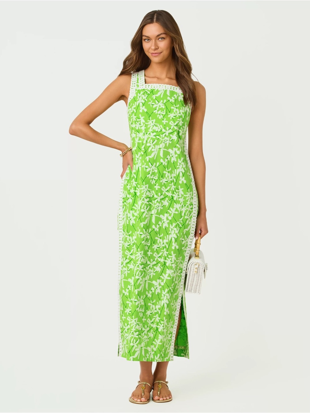 Lilly Pulitzer Tina Maxi Romper NWT 14 Green & White Floral, Crocodile Liza
